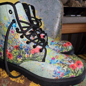 NEW Funky Combat Boots with Botanical Art Designs Sz 7 Womens